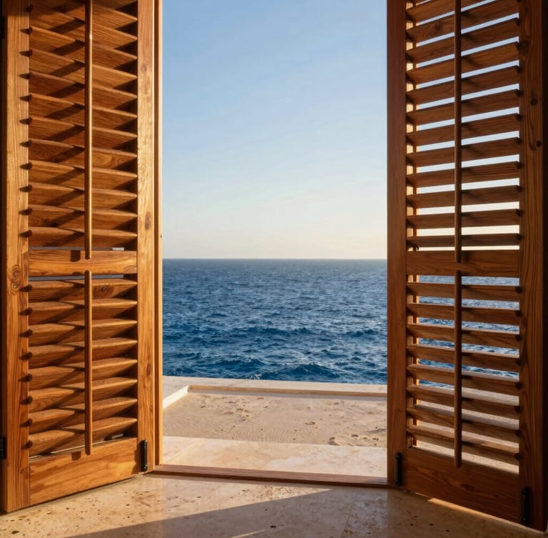 Close-up of high-end parota wood shutters framing a view of the deep blue Sea of Cortez, warm golden-hour light casting soft shadows on travertine floors.