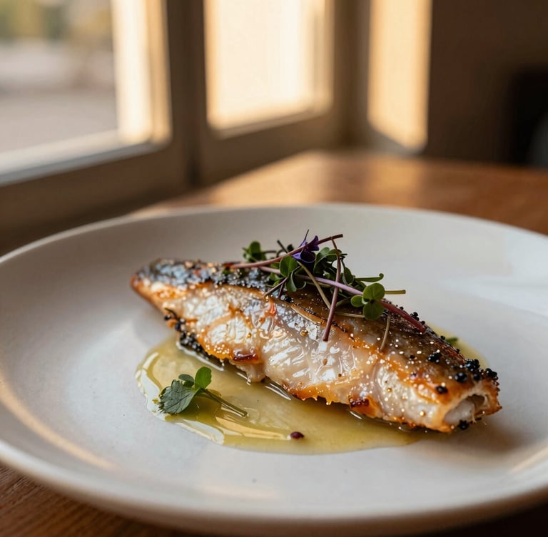 Close-up of a delicate modern bistronomy dish, lightly smoked trout with wild mountain herbs, soft golden-hour window light, rich earthy tones, 35mm photography