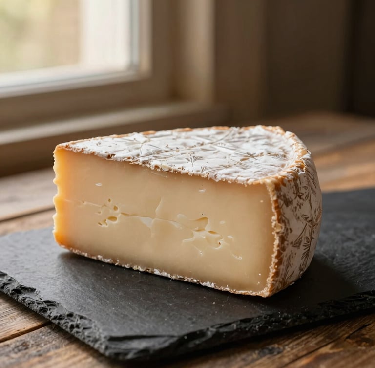 A single wheel of aged Beaufort cheese resting on a dark slate board, rustic wooden background, soft side light from a window