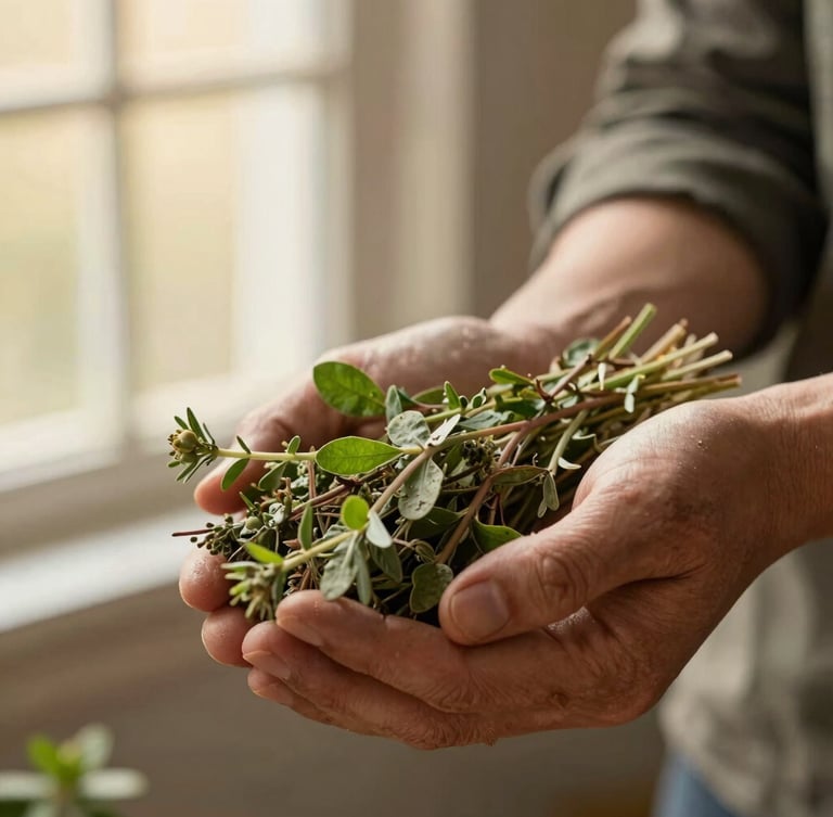 Close-up of weathered hands holding freshly foraged wild mountain herbs, soft morning light, shallow depth of field