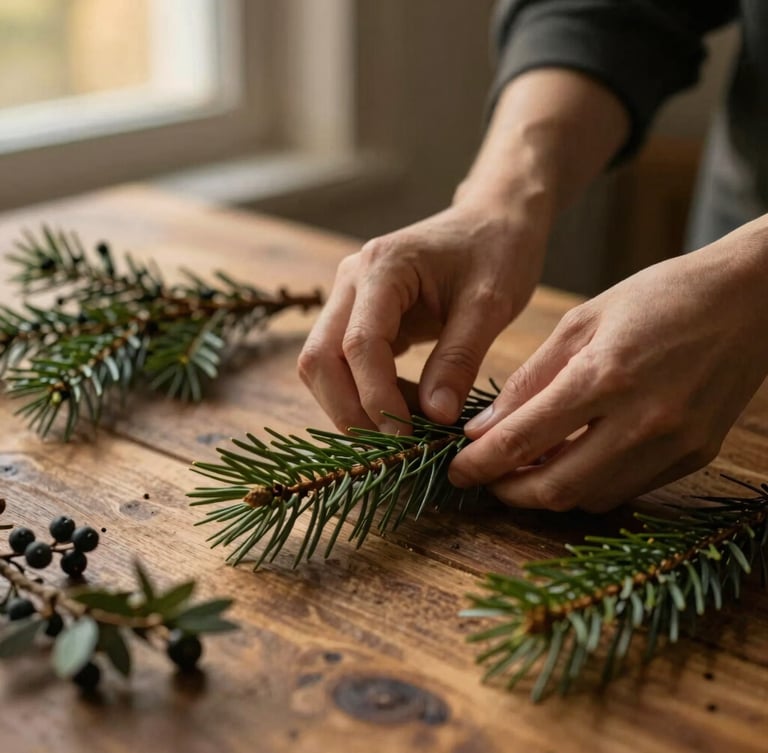 Hands carefully arranging fresh green pine needles and wild juniper berries on a rustic wooden table, soft side light, warm moody atmosphere
