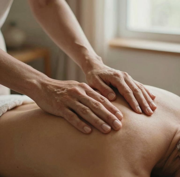 Warm editorial close-up of hands applying gentle massage pressure on a shoulder, soft-focus home background, warm afternoon light.