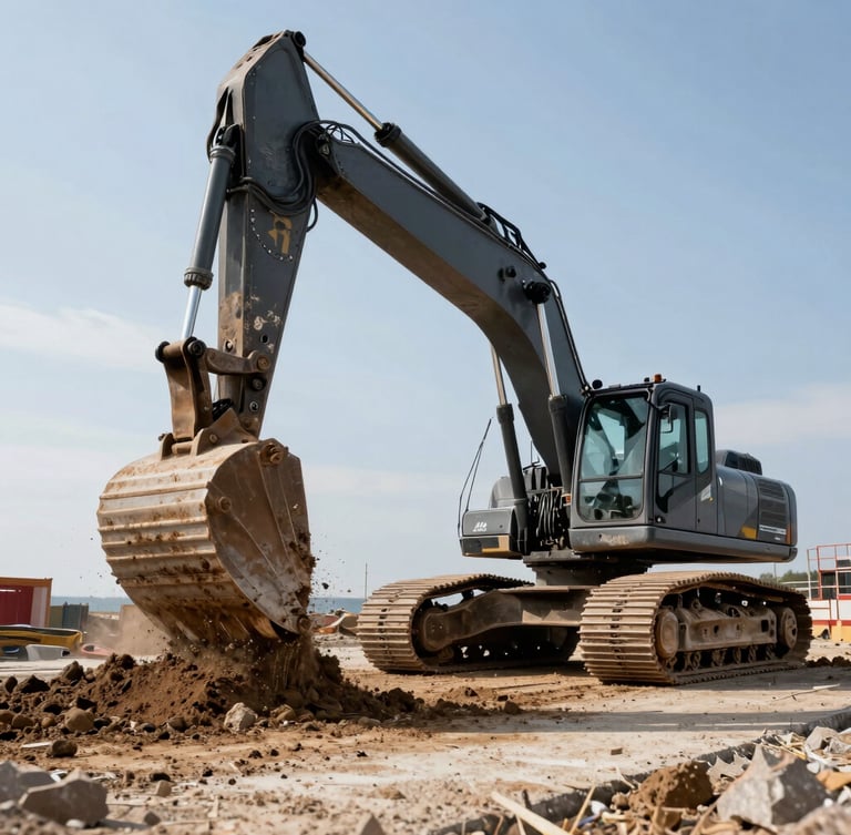 Low-angle action shot of a heavy dark excavator lifting soil on a coastal construction site in Mecklenburg-Vorpommern, sharp daylight, raw textures of concrete and dirt, clean work site.