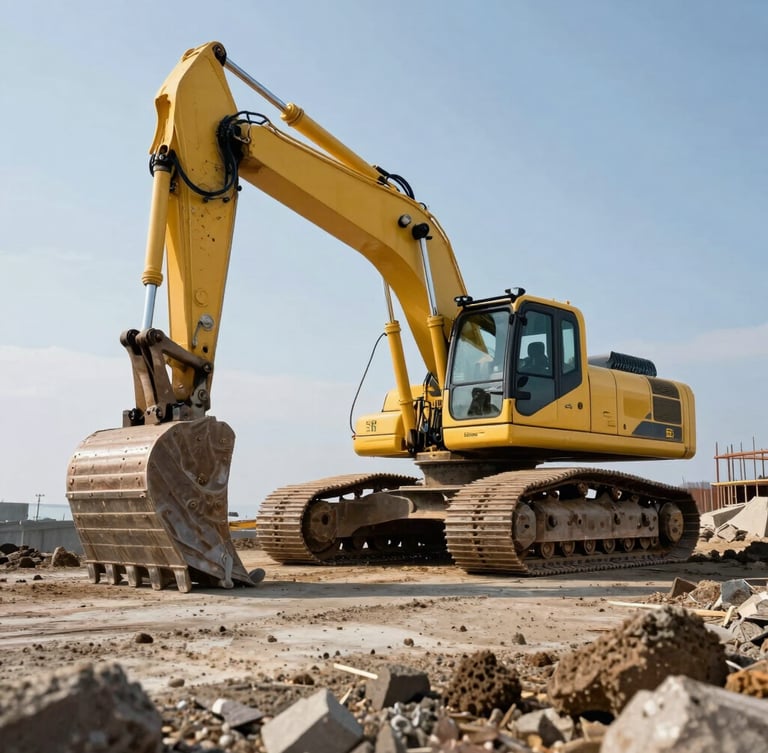 Low-angle dramatic shot of a heavy yellow excavator working on a coastal construction site in Lubmin, high contrast daylight, raw concrete and soil textures