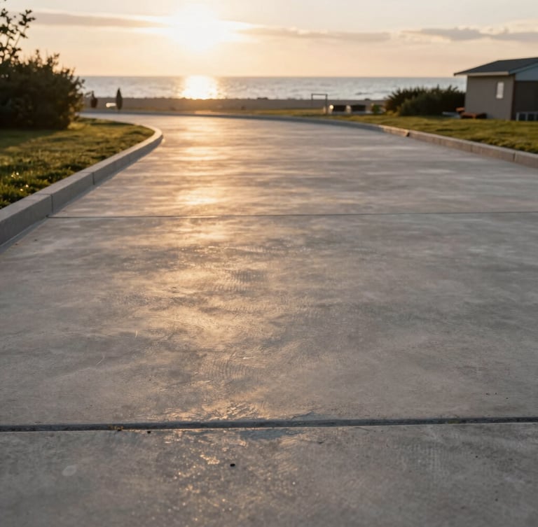 Low-angle shot of a clean, finished concrete driveway with sharp borders, golden hour light reflecting on the stone, Lubmin coast in the background.