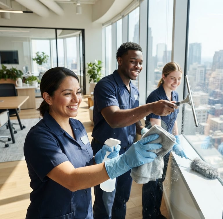Professional cleaning crew in branded navy uniforms, smiling confidently, in a modern, sunlit interior, sharp focus on their hands holding cleaning tools, crisp architectural photography, bright natural daylight, clean high-contrast tones, sharp focus, professional editorial style, 24mm lens