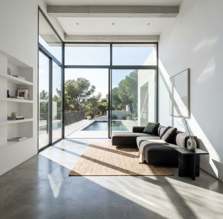 Wide-angle interior architectural shot of a pristine, modern living room with sharp sunlight reflections, white walls, and minimal decor, clean high-contrast tones, professional editorial style.