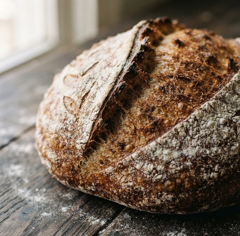 Macro shot of a rustic sourdough bread crust with deep scoring, dusted with flour on a dark wooden table, soft natural side-light from a window, warm earthy tones, 35mm