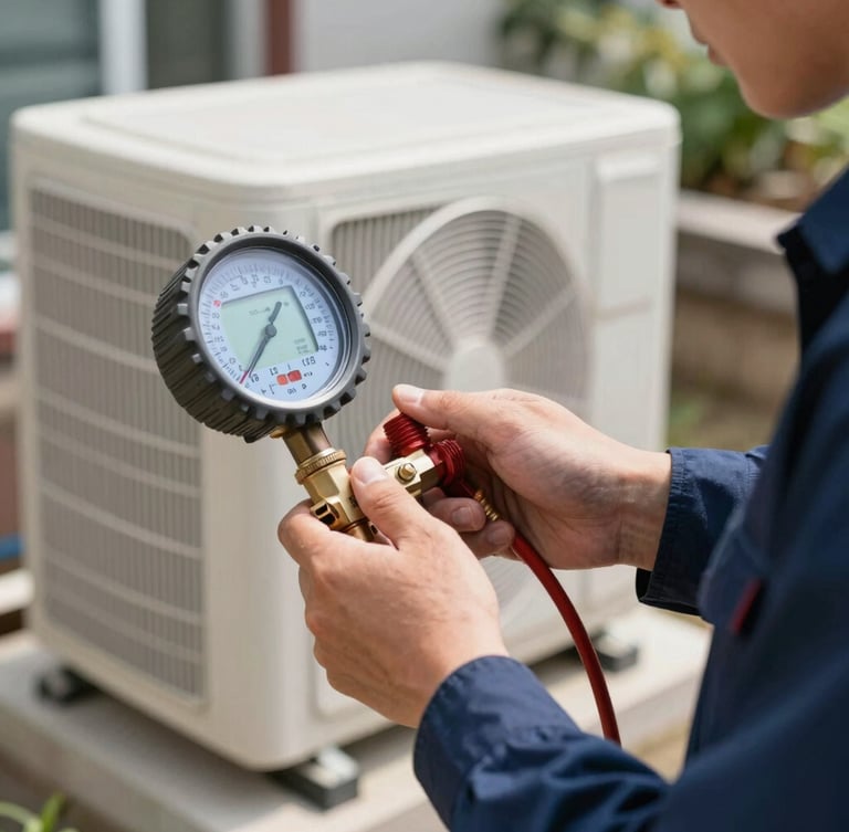 Close-up of a professional technician in a clean navy blue uniform using a digital manifold gauge to measure AC pressure, sharp focus on the digital screen showing precise numbers, bright natural daylight, clean residential AC unit in the background.