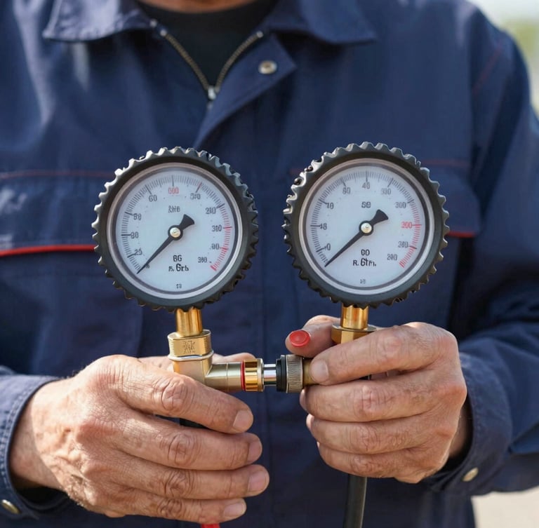 Close-up of a professional technician in a clean navy blue uniform using a digital manifold gauge to measure AC pressure, bright natural daylight, sharp focus on the digital screen showing precise numbers.