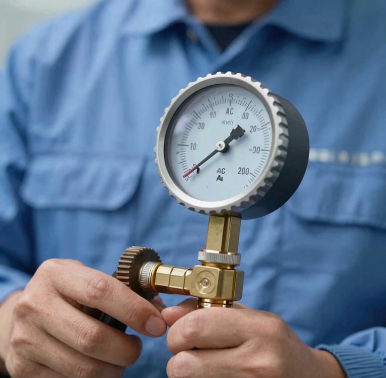 Close-up of technical hands in clean blue uniform using a digital manifold gauge to measure AC pressure precisely, bright daylight