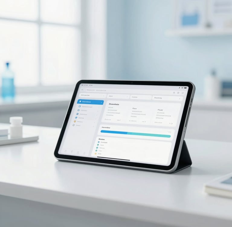 Bright clinical workspace with soft diffused natural daylight, high-key pale blue tones, clean composition, 50mm lens, a modern tablet showing a structured diagnostic interface
