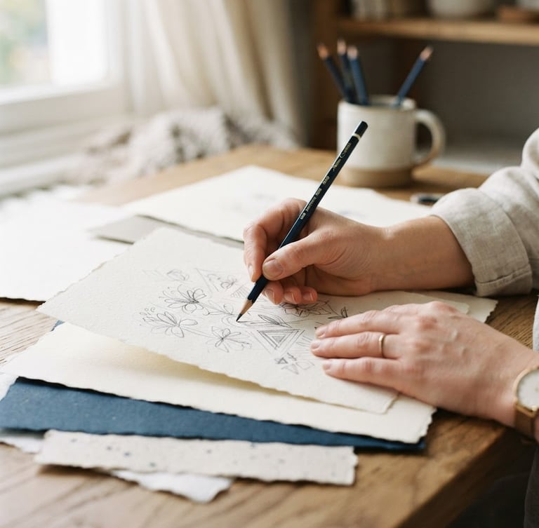 Close-up of hands sketching on high-quality paper samples, soft natural window light, cream and deep navy tones, shallow depth of field, 35mm, editorial framing.