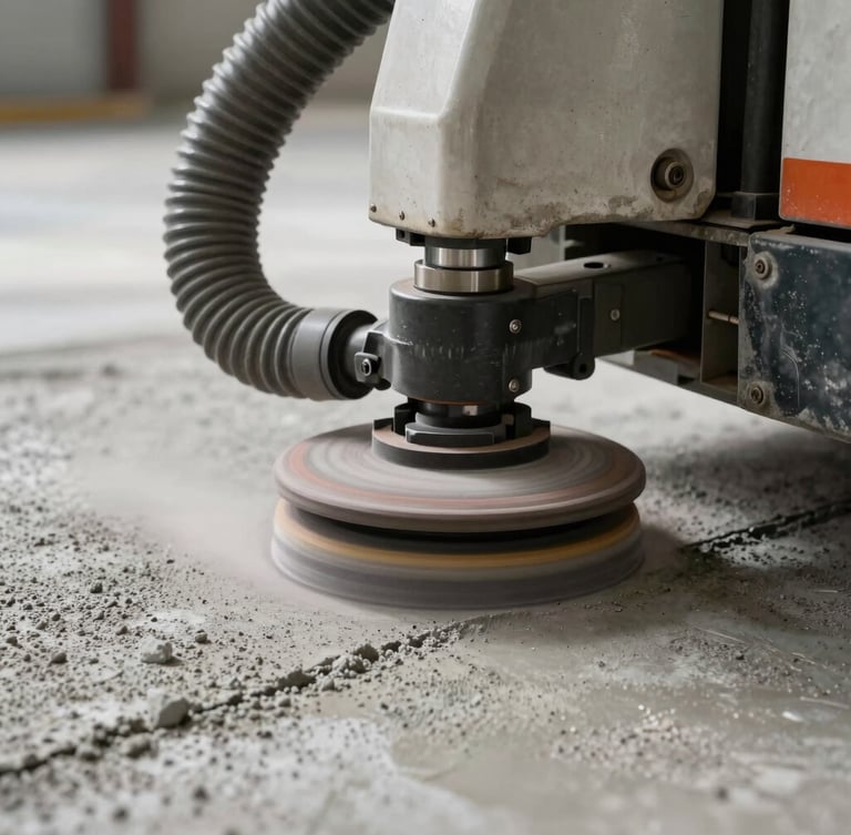 Extreme close-up of a professional floor preparation machine grinding a concrete substrate. Fine dust extraction hose attached, showing the clean, textured profile of the concrete ready for epoxy adhesion.