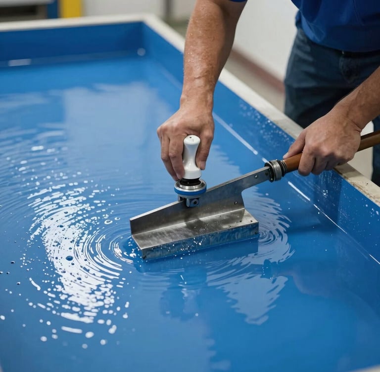Plano medio de un técnico aplicando resina epóxica autonivelante con llana metálica, reflejo de luces industriales en el piso de alto brillo azul, encuadre cerrado.