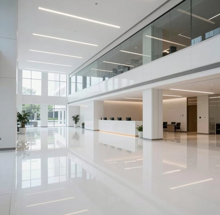 Low-angle wide shot of a modern minimalist corporate lobby with seamless high-gloss white epoxy floor reflecting architectural linear lights, clean aesthetic, sharp reflections, daytime.