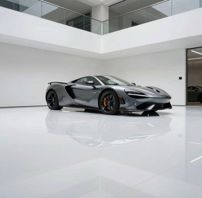 Low angle wide shot of a minimalist residential garage with a flawless, high-gloss white epoxy floor reflecting crisp architectural lighting, a luxury sports car parked, clean and modern aesthetic.