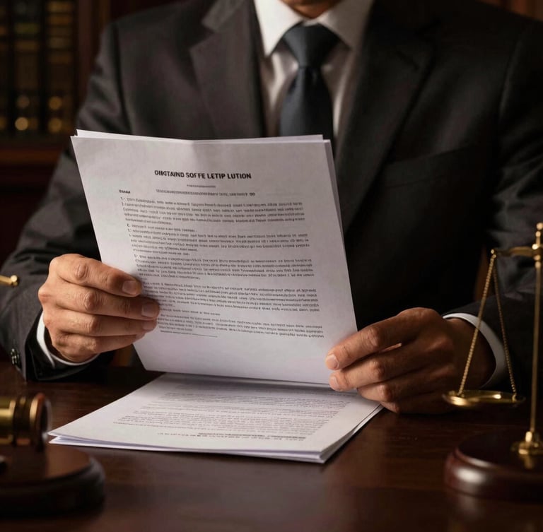 Dramatic low-key editorial photography of a professional lawyer in a dark suit reviewing legal files, high-contrast chiaroscuro lighting, warm gold highlights, professional legal atmosphere