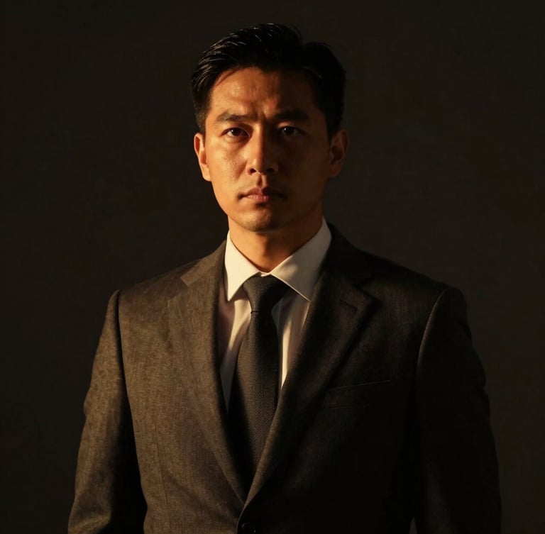 Dramatic low-key portrait of a serious male lawyer in a dark suit, warm gold side lighting, deep charcoal background, professional legal atmosphere