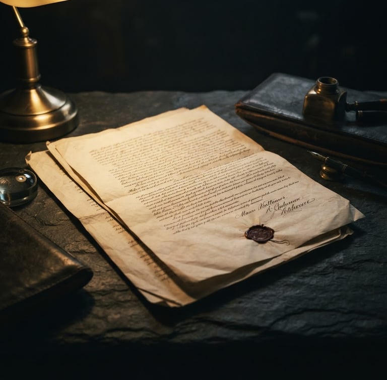 Dramatic low-key editorial photography of a legal document on a dark stone desk, warm gold light casting long shadows across the paper, 50mm lens, professional legal atmosphere.