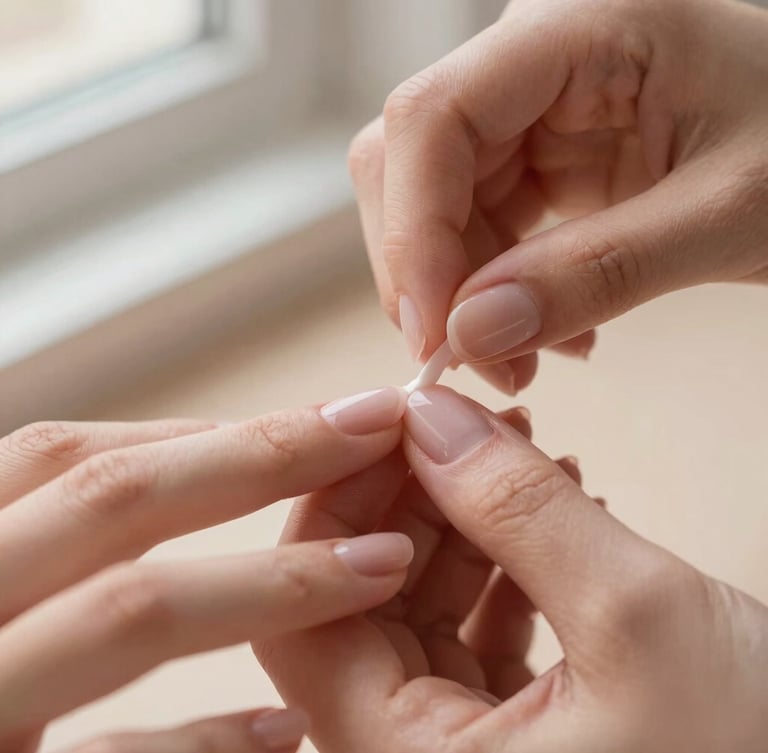 Macro close-up of hands applying delicate gel polish on manicured nails, soft natural light, warm old rose and sand background, shallow depth of field