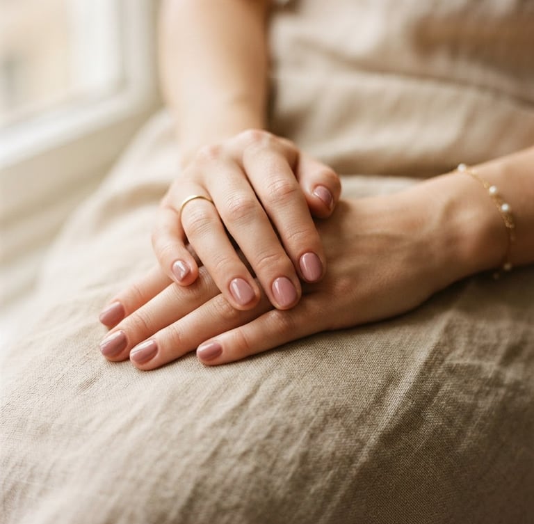 Close-up of elegant manicured hands resting on a soft beige linen cloth, warm natural window light, muted rose tones, shallow depth of field
