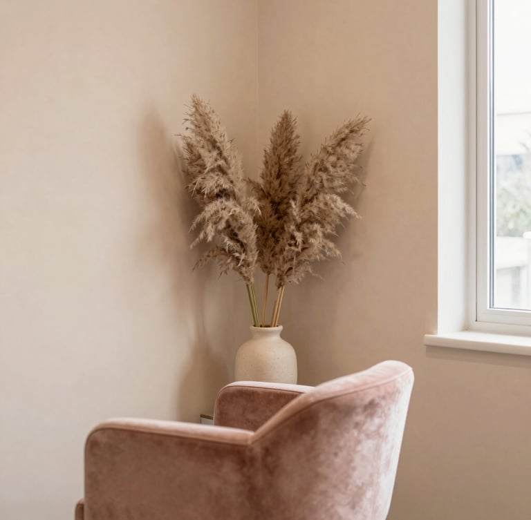Warm aesthetic view of a clean, minimalist beauty salon corner, soft sand walls, a comfortable velvet chair, pampas grass in a ceramic vase