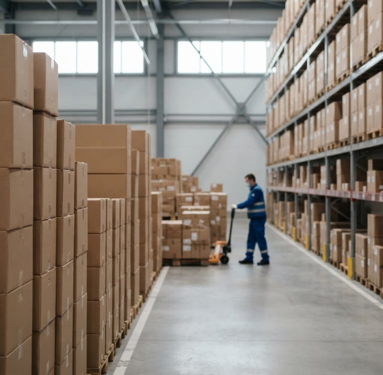 Clean industrial warehouse interior, wide shot, with boxes stacked neatly, soft overcast daylight, sharp focus. A logistics worker in a clean uniform is visible in the background, out of focus. Bleeding to the left edge.