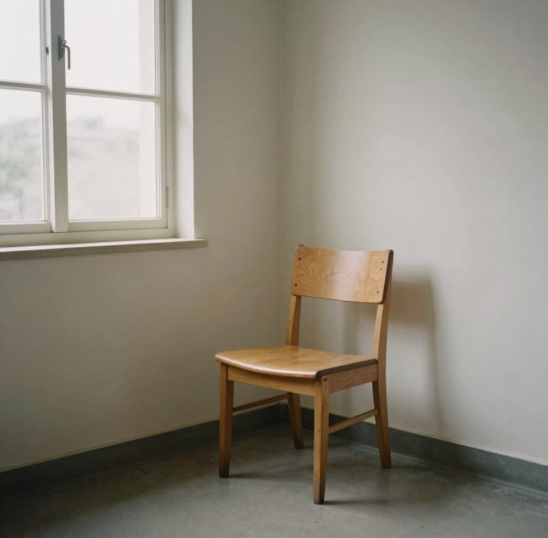 Calm editorial photography of a serene, uncluttered waiting room corner with soft diffused natural daylight filtering through a window, a single wooden chair, muted earth tones, clean composition, 35mm lens, quiet atmosphere.