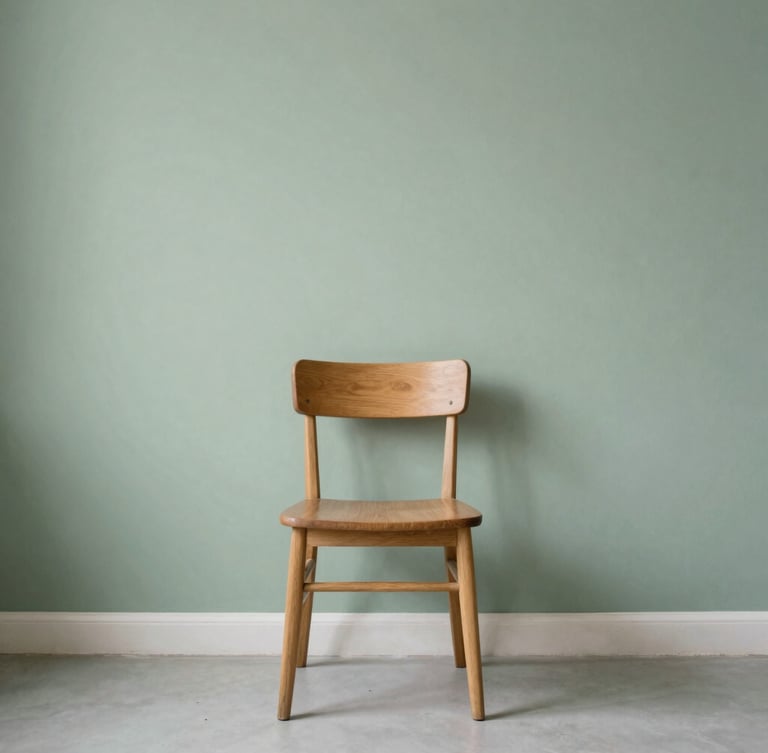 A quiet, minimalist room with soft diffused natural daylight, a single wooden chair, sage green accent wall, clean composition, 35mm lens, calm atmosphere