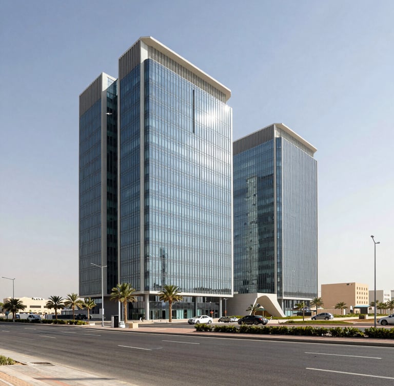 Wide-angle architectural photograph of the ADCB Building on Muroor Road in Abu Dhabi, clean modern glass facade, bright midday desert sun, spacious composition.