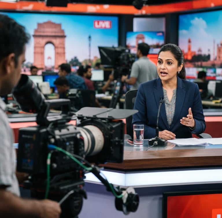A professional news broadcast studio in New Delhi, a news anchor speaking with natural studio lighting, high-end cameras in the foreground, sharp focus, 35mm documentary lens
