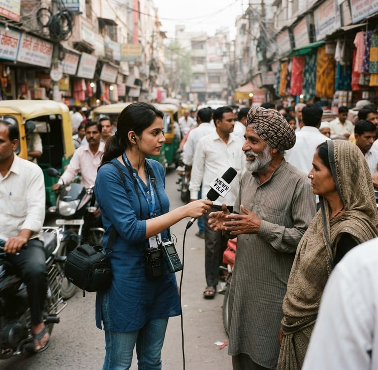 A 35mm documentary photo of an Indian field journalist holding a News File microphone, interviewing local citizens on a bustling New Delhi street, natural daylight, sharp focus.
