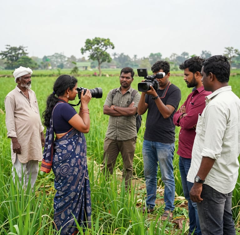 A 35mm documentary photo of a female reporter with a camera crew interviewing farmers in a green agricultural field in Karnataka, natural daylight.