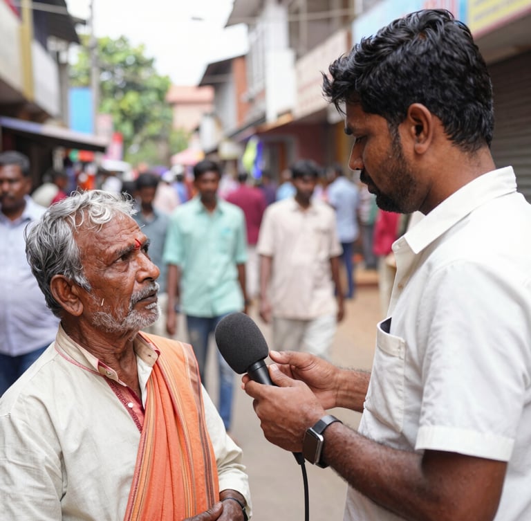 An on-the-scene reporter holding a News File microphone interviewing a local community member on a bustling street in Karnataka, natural ambient daylight, authentic photojournalism