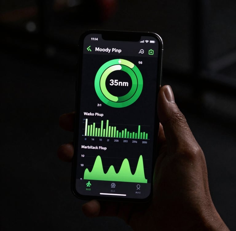 Moody athletic photography of a smartphone screen displaying a clean workout tracker interface with green metrics, high-contrast dark lighting, sharp focus, 35mm