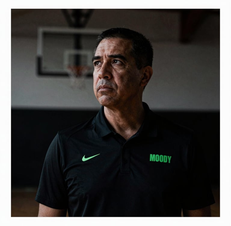 Moody athletic portrait of Coach Gabriel in a dark gym setting, focused expression, high-contrast dramatic lighting, desaturated tones, 35mm