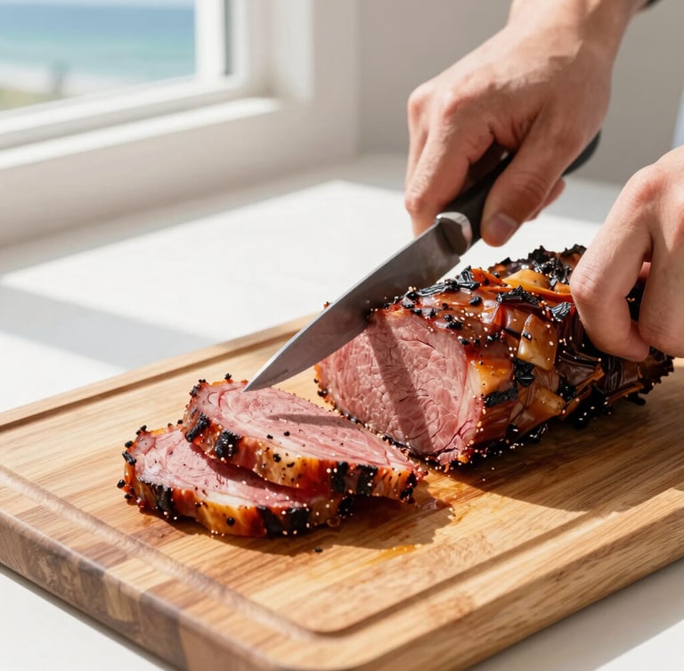 A close-up of hands slicing smoked pastrami on a thick oak cutting board, bright natural daylight streaming through a window, crisp white tiles in the background