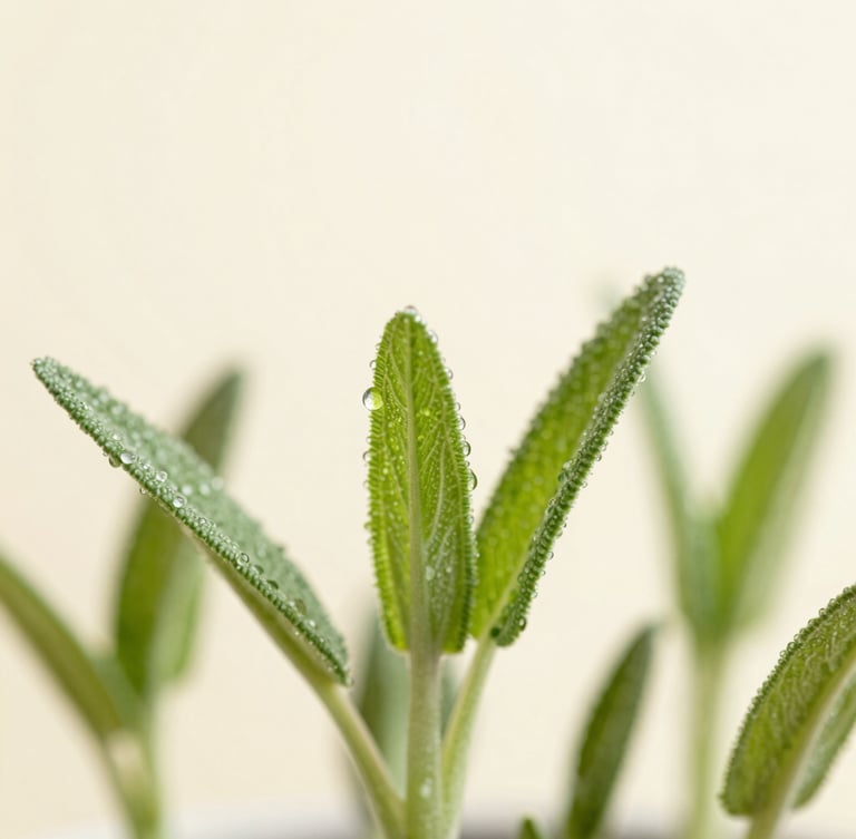 Extreme macro crop of dew-covered green sprouts, bright diffused morning daylight, fresh sage and dewy cream tones, shallow depth of field