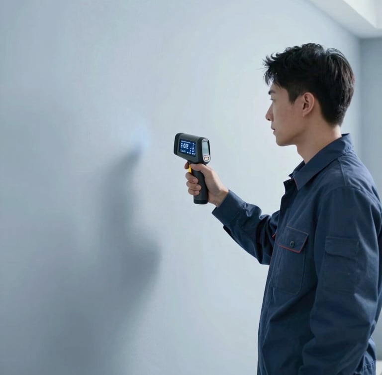 A professional technician in a clean uniform holding a thermal imaging camera pointing at a dry, pristine residential wall, cool blue tones, crisp commercial photography.