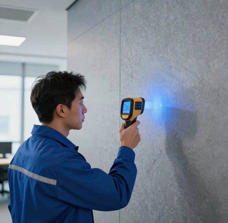 Technician in clean uniform using a thermal imaging camera to detect moisture behind a modern office wall, digital readout visible, cool blue lighting, sharp focus