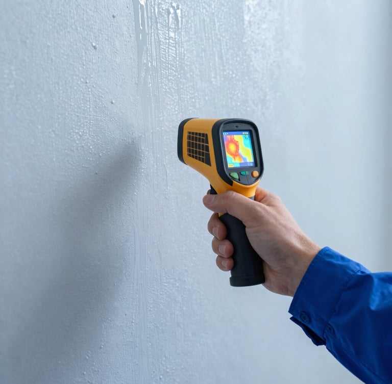 Close-up of a technician in a clean uniform holding a digital thermal imaging camera showing heat and moisture maps on a wet plaster wall, cool blue and slate tones.