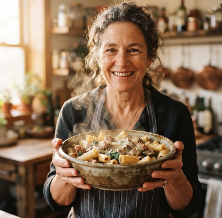 A warm close-up portrait of a friendly home cook in a rustic kitchen, holding a steaming, heavy ceramic bowl filled with creamy rigatoni pasta, soft golden-hour window light, shallow depth of field.