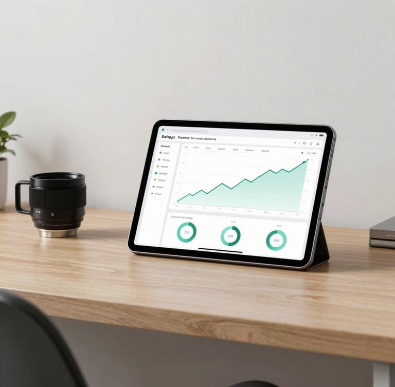 Portrait of a clean, minimalist workspace with high-end tech, a tablet displaying clean financial dashboard with positive growth metrics.
