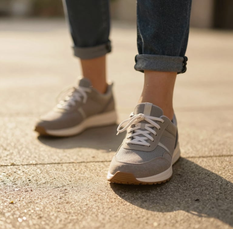 Close-up of stylish casual shoes in motion on a sunlit pavement, warm golden-hour lighting, shallow depth of field, 35mm