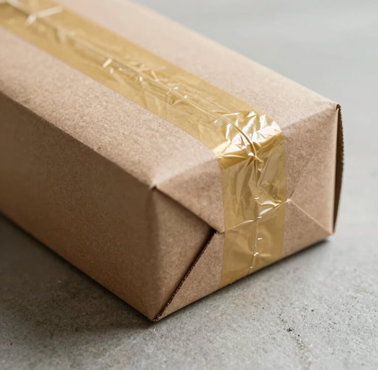 Close-up macro shot of a premium matte cardboard package sealed with a minimalist gold tape, resting on a clean concrete surface under natural side light.