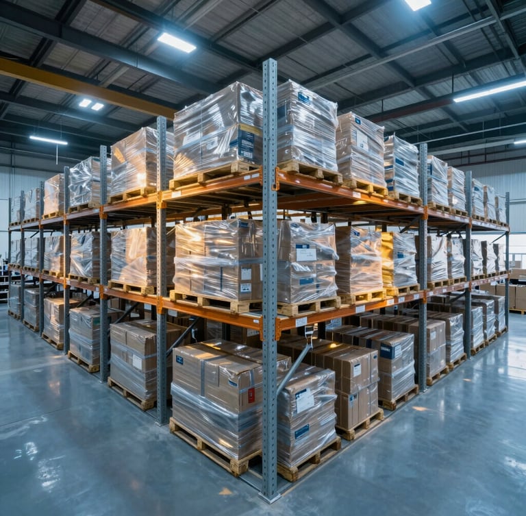 Wide-angle crisp architectural shot of a modern, highly organized distribution center, cool blue lighting with warm gold highlights on clean metallic lines, spacious and high-tech.