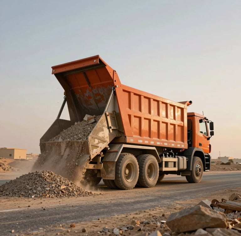 Low-angle shot of a heavy orange tipper truck dumping aggregate onto a road construction site in the UAE desert, golden hour dust