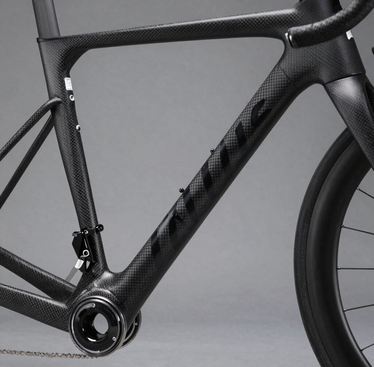 Extreme close-up of a high-performance carbon fiber bicycle frame, matte black weave under sharp low-key studio lighting, clean geometric lines.