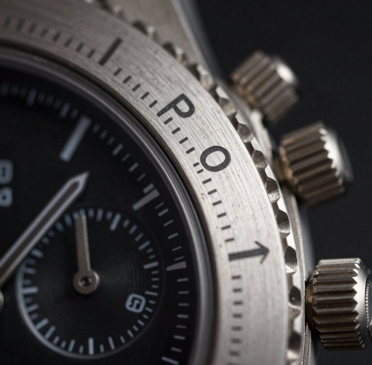 Extreme close-up of a high-end chronograph bezel, brushed titanium texture, sharp mechanical lines, dramatic low-key lighting, dark background.